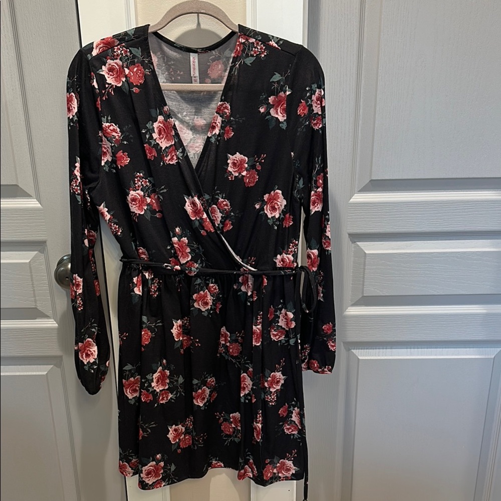 Floral Red Pink Roses Black Wrap Dress Tie Waist Long Sleeve